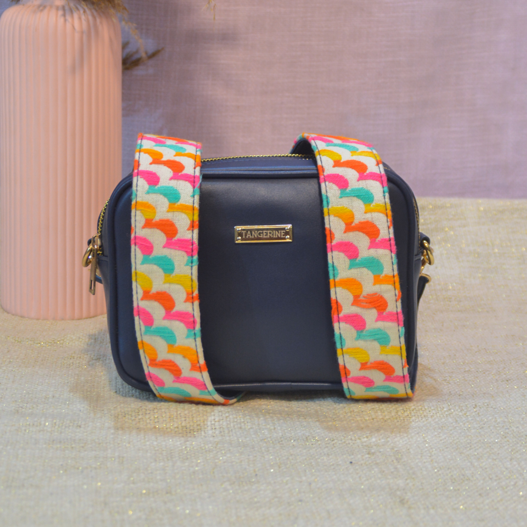 Blue Dual Compartment Bag with Blue Colourful Wave Belt + Big Wallet Combo