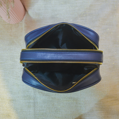 Blue Dual Compartment Bag with Blue Colourful Wave Belt + Big Wallet Combo