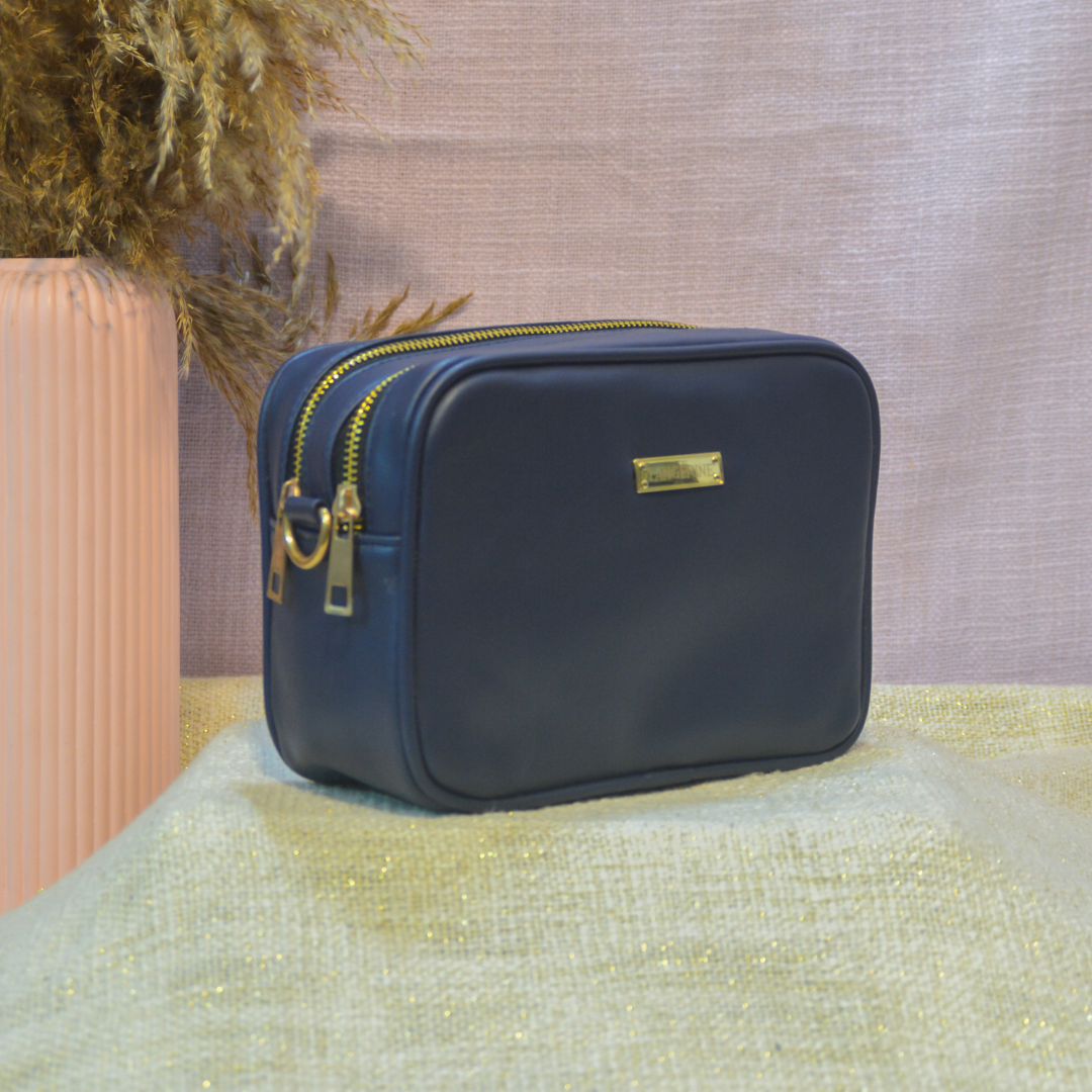 Blue Dual Compartment Bag with Blue Colourful Wave Belt + Big Wallet Combo