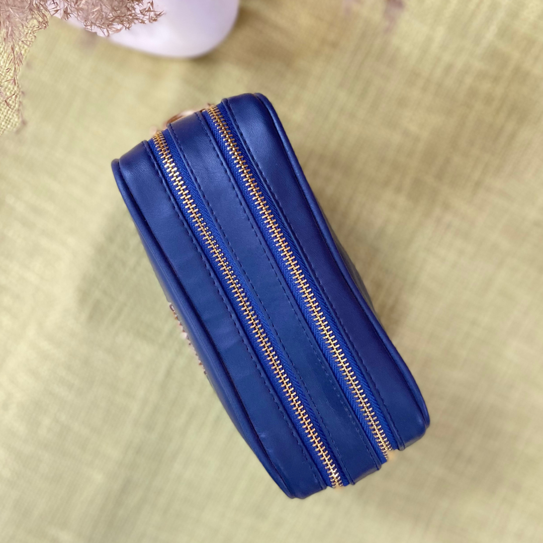 Blue Dual Compartment Bag with Multi-color Triangles Belt.