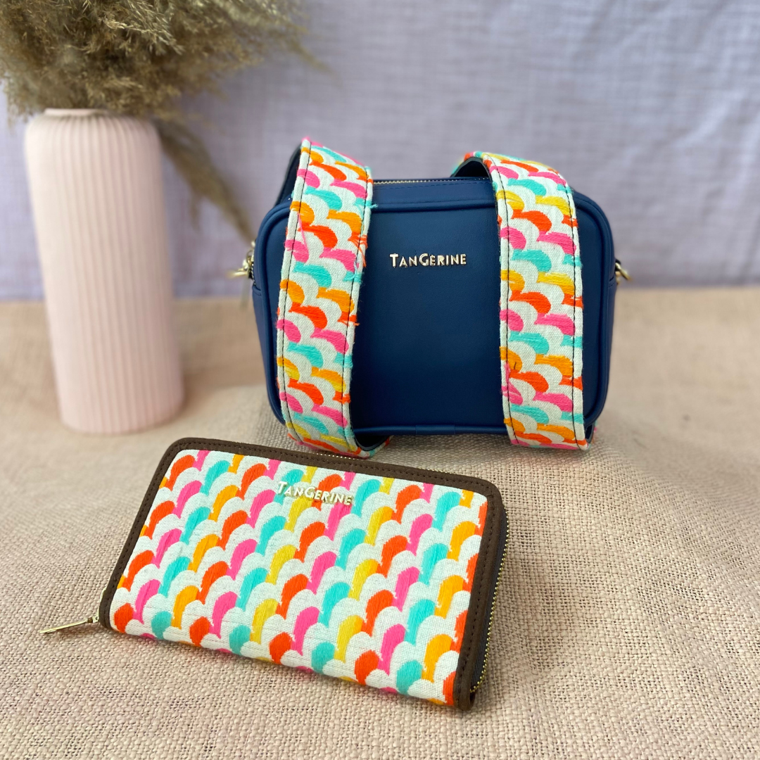 Blue Dual Compartment Bag with Blue Colourful Wave Belt + Big Wallet Combo