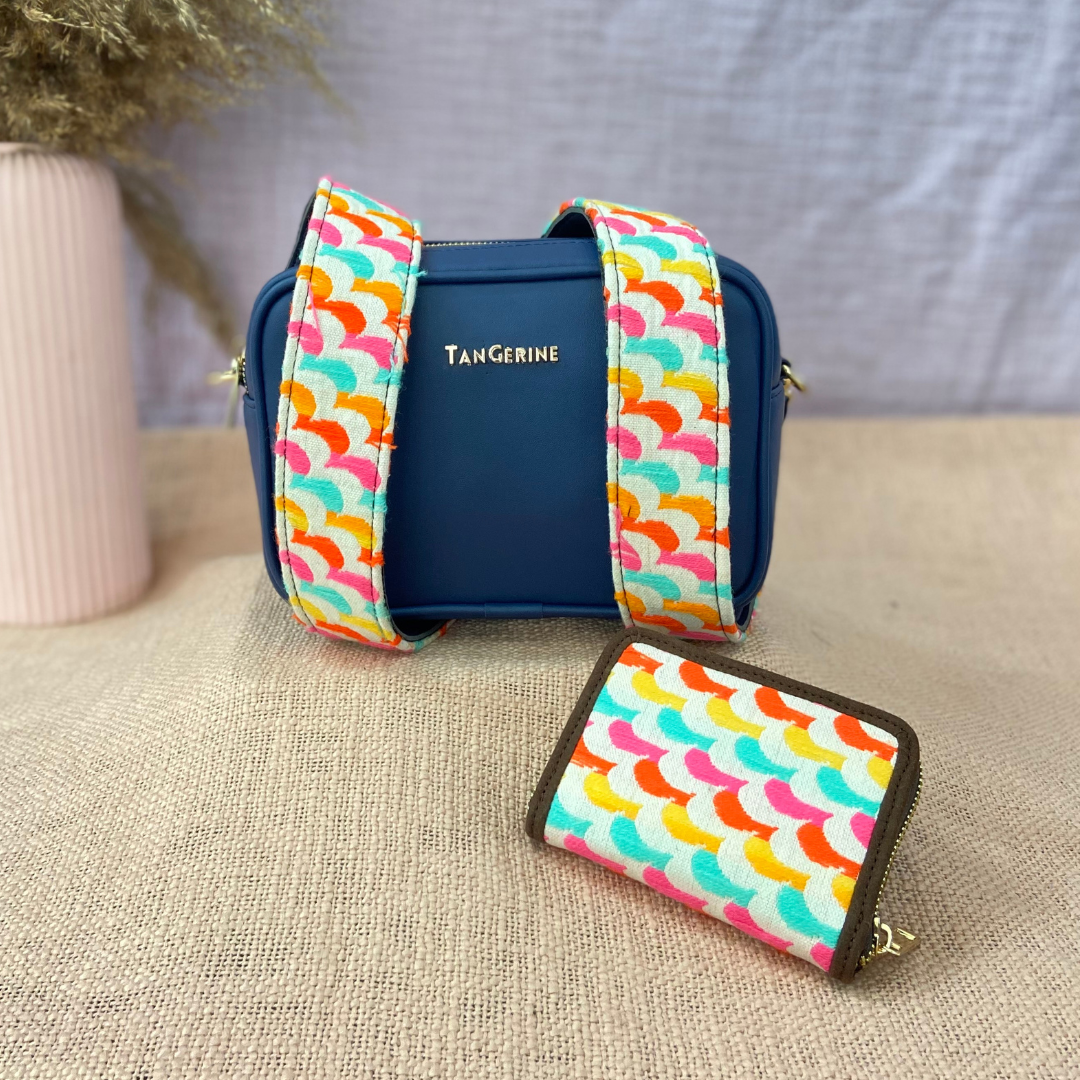 Blue Dual Compartment Bag with Blue Colourful Wave Belt + Mini Wallet Combo