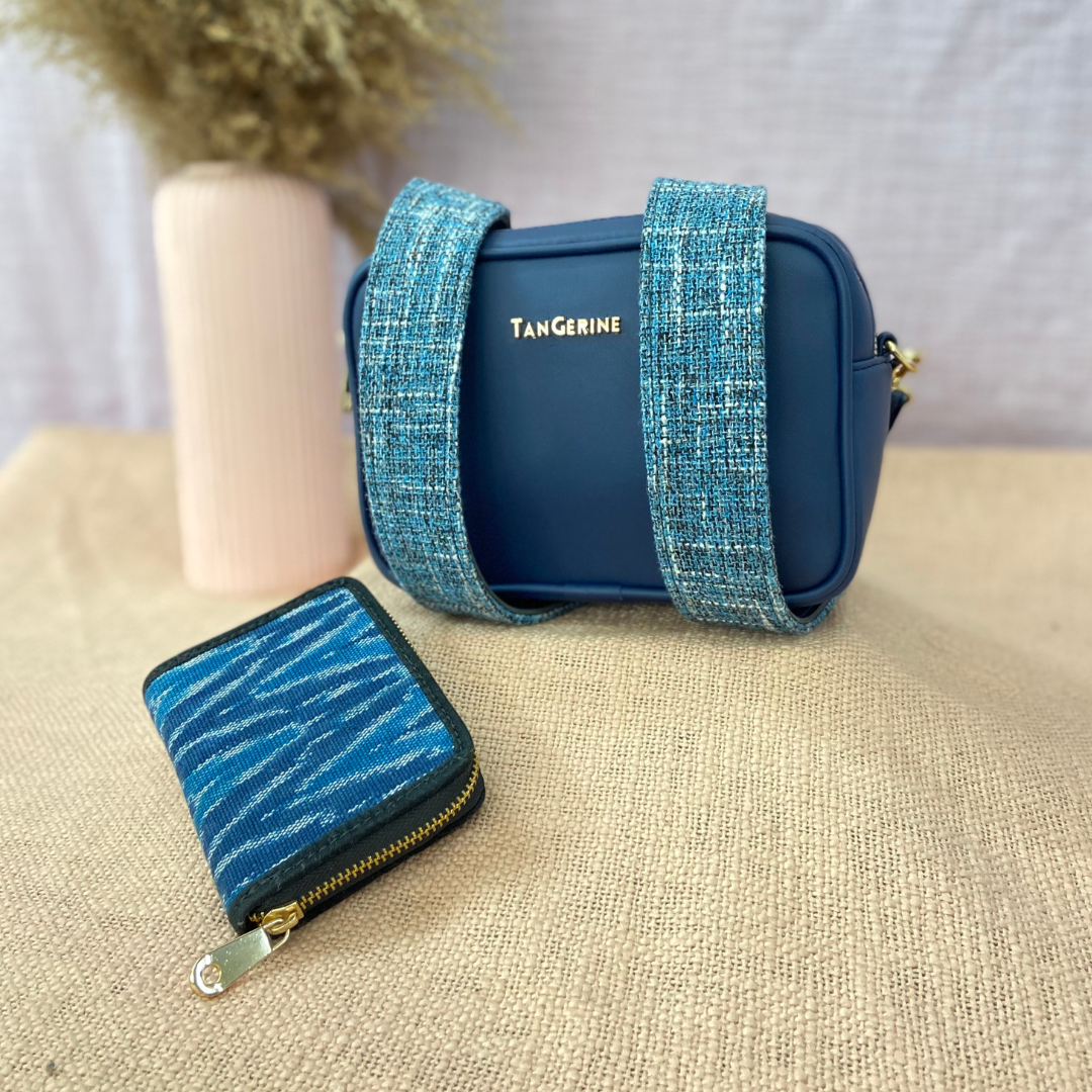 Blue Dual Compartment Bag with Midnight Blue Belt + Mini Wallet Combo