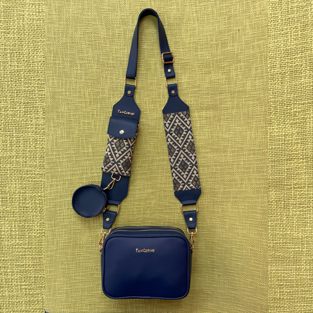Blue Dual Compartment + Blue with Light Black &amp; White Diamond Cloth on Pocket Pochette Belt