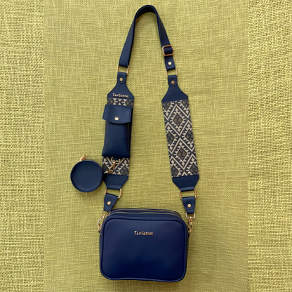 Blue Dual Compartment + Blue with Light Black &amp; White Diamond Pochette Belt