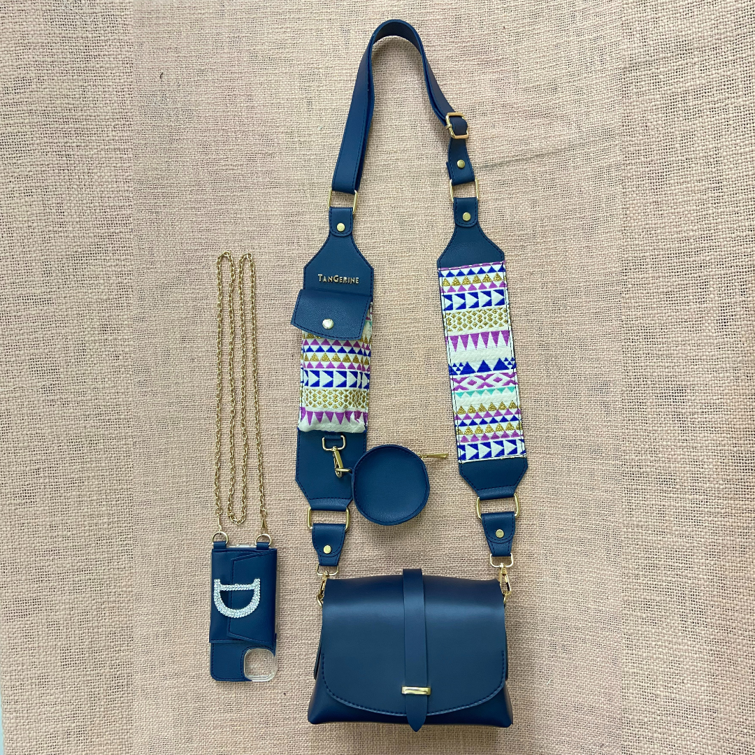 Blue Eva + Blue Multi-Color Triangle Cloth on Pocket Pochette Belt with Phone Case