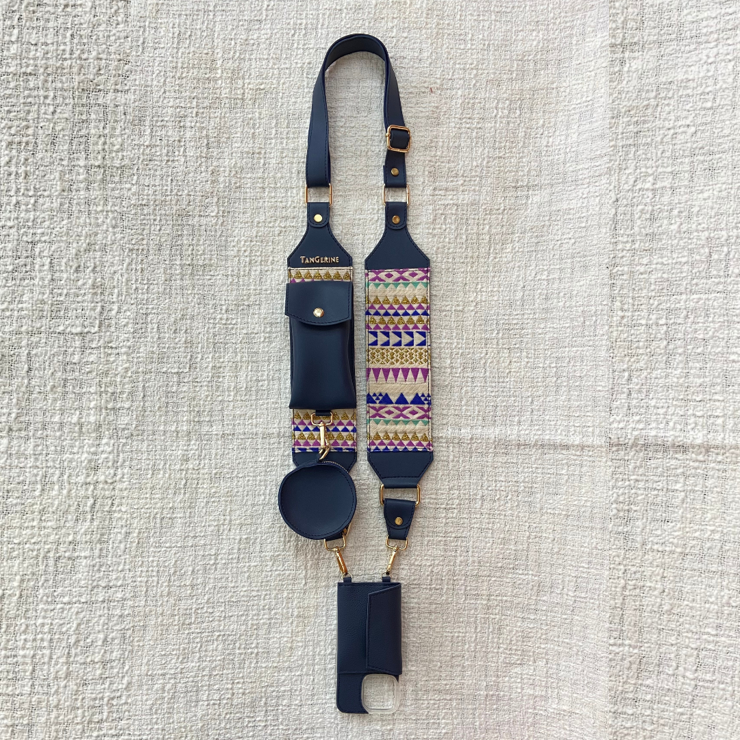 Blue Dual Compartment+ Blue Multi-Color Triangle  Pochette Belt with Phone Case
