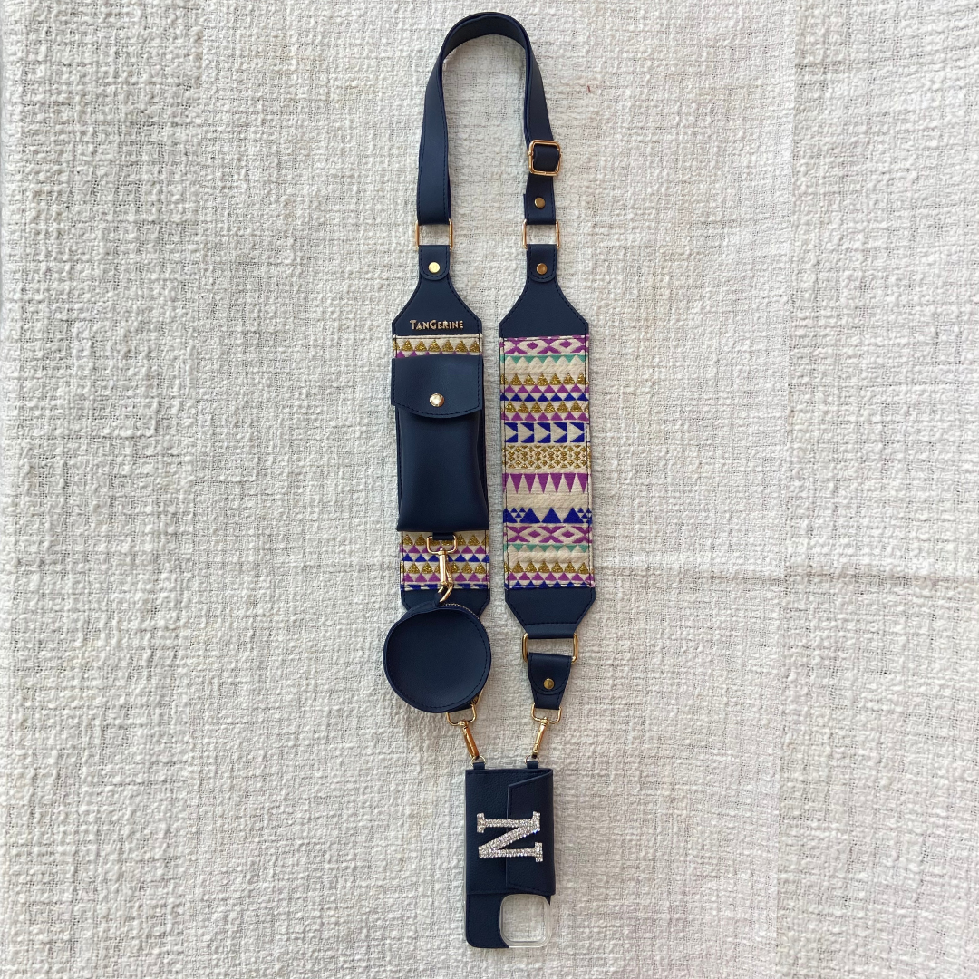 Blue Dual Compartment+ Blue Multi-Color Triangle  Pochette Belt with Phone Case