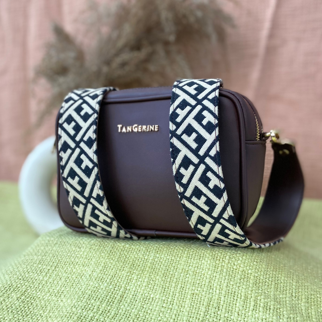 Brown Dual Compartment Sling Bag with Black T-Shape Belt