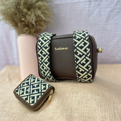 Brown Dual Compartment Sling Bag with Black T-Shape Belt + Mini Wallet Combo