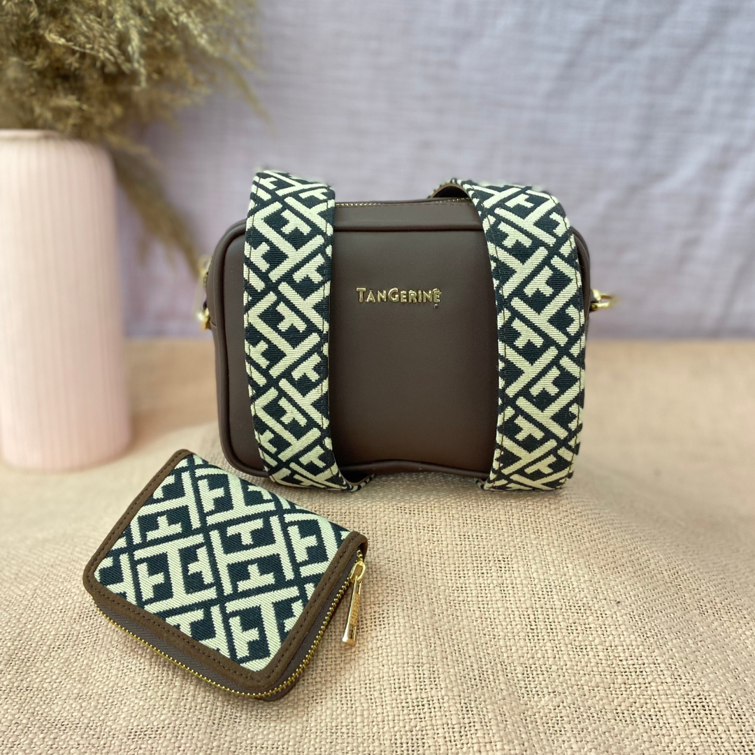 Brown Dual Compartment Sling Bag with Black T-Shape Belt + Mini Wallet Combo
