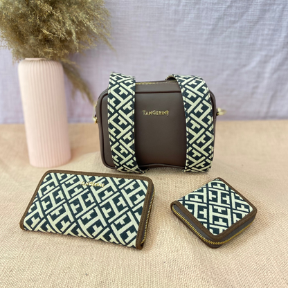 Brown Dual Compartment Sling Bag with Black T-Shape Belt + Mini + Big Wallet Combo