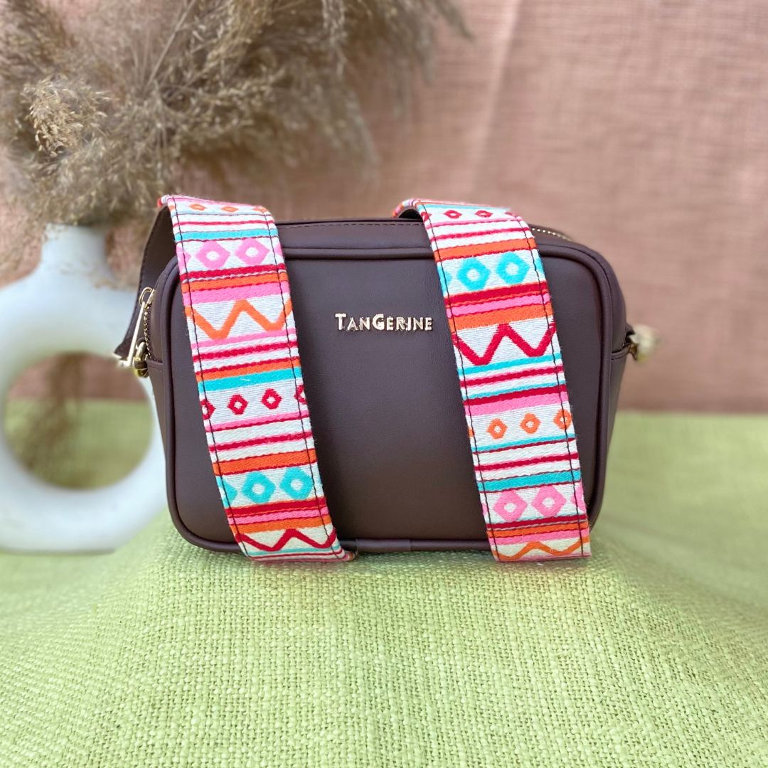 Brown Dual Compartment Sling Bag with Boho Belt