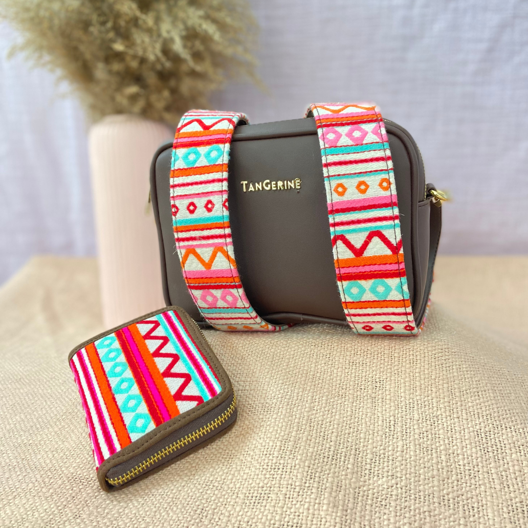 Brown Dual Compartment Sling Bag with Boho Belt + Mini Wallet