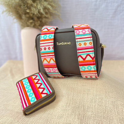 Brown Dual Compartment Sling Bag with Boho Belt + Mini Wallet