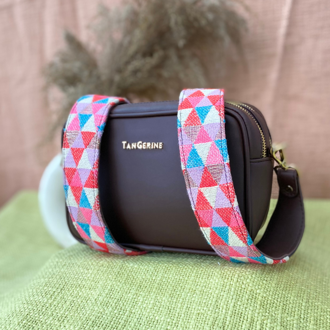 Brown Dual Compartment Sling Bag with Pink Multi-color Triangle Belt + Mini Wallet