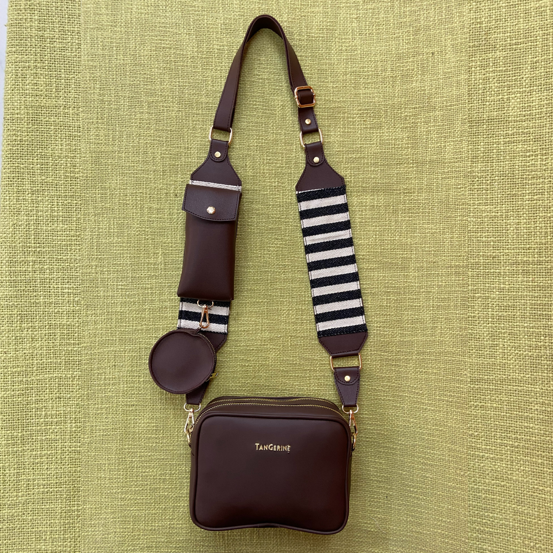 Brown Dual Compartment + Brown with Black &amp; White Stripes Pochette Belt