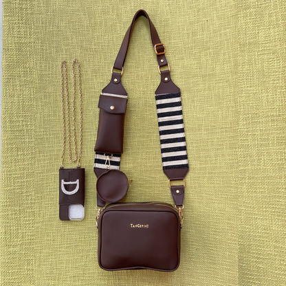 Brown Dual Compartment + Brown with Black &amp; White Stripes Pochette Belt with Phone Case