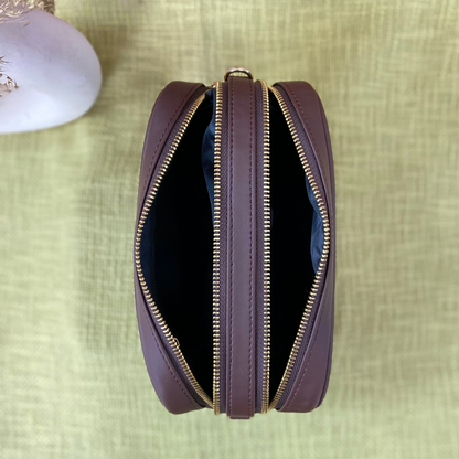 Brown Dual Compartment Sling Bag with Black T-Shape Belt + Mini Wallet Combo