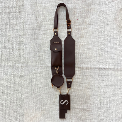 Brown Dual Compartment + Brown Plain Pochette Belt with Phone Case