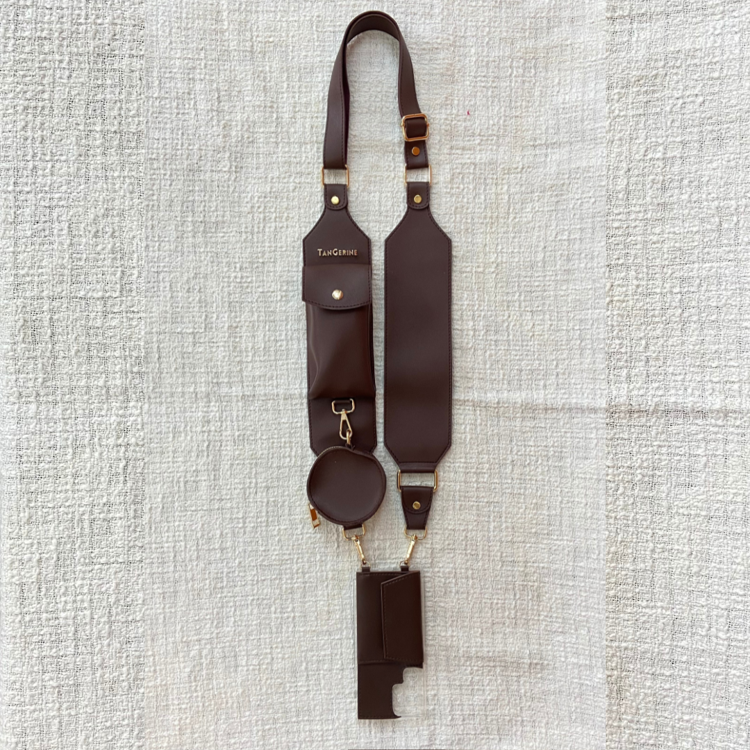 Brown Dual Compartment + Brown Plain Pochette Belt with Phone Case