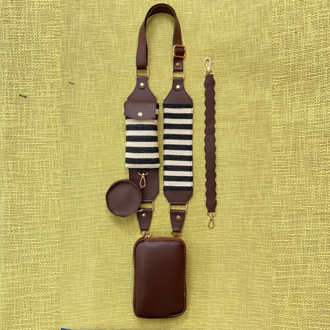 Brown Pouch + Brown with Black & White Stripes Cloth on Pocket Pochette Belt