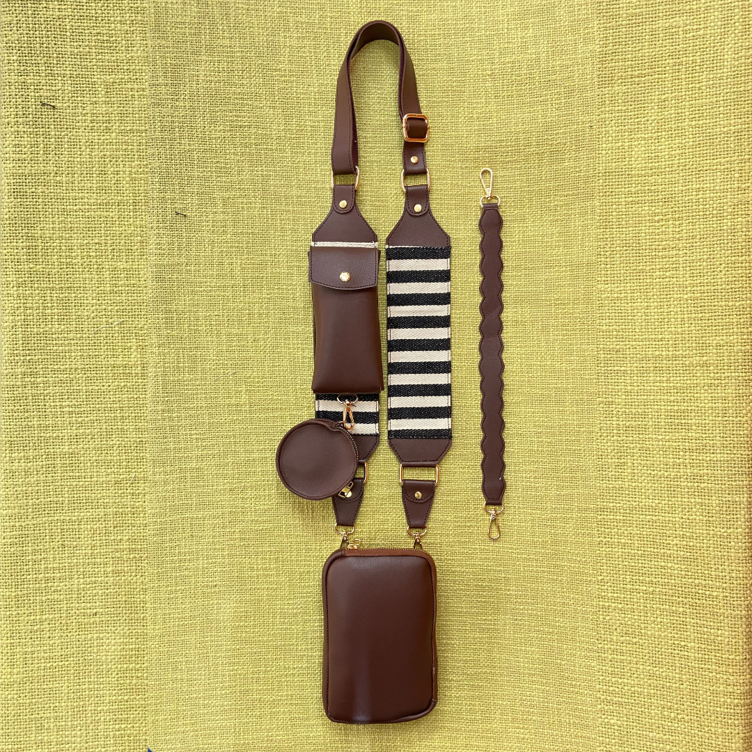Brown Pouch + Brown with Black &amp; White Stripes Pochette Belt