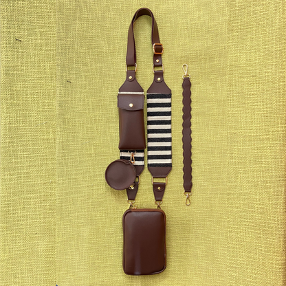 Brown Pouch + Brown with Black &amp; White Stripes Pochette Belt