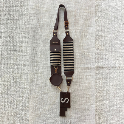 Brown with Black &amp; White Stripes Cloth on Pocket Pochette Belt with Phone Case
