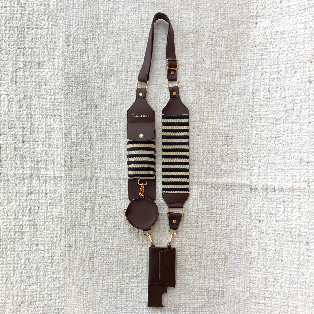 Brown Dual Compartment + Brown with Black &amp; White Stripes Cloth On Pocket Pochette Belt with Phone Case