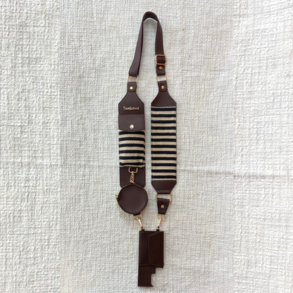 Brown Dual Compartment + Brown with Black &amp; White Stripes Cloth On Pocket Pochette Belt with Phone Case