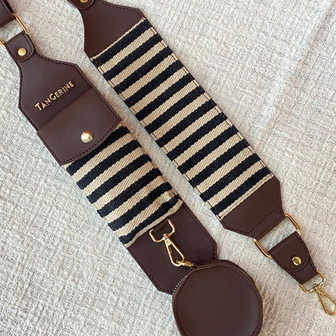 Brown Dual Compartment + Brown with Black & White Stripes Cloth On Pocket Pochette Belt with Phone Case