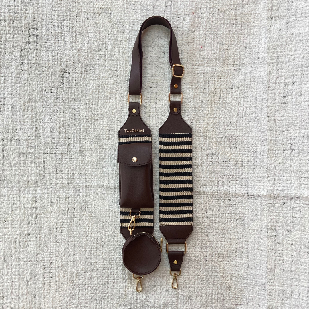 Brown Dual Compartment + Brown with Black &amp; White Stripes Pochette Belt with Phone Case