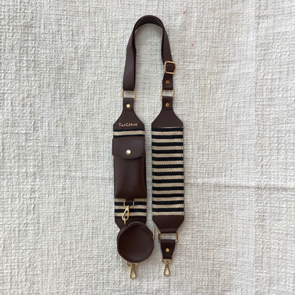 Brown Dual Compartment + Brown with Black &amp; White Stripes Pochette Belt with Phone Case