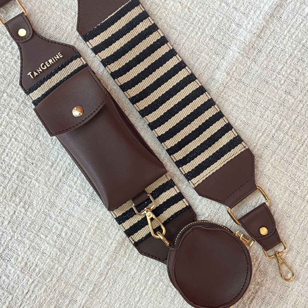Brown with Black & White Stripes Pochette Belt with Phone Case