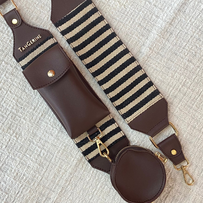 Brown Dual Compartment + Brown with Black &amp; White Stripes Pochette Belt