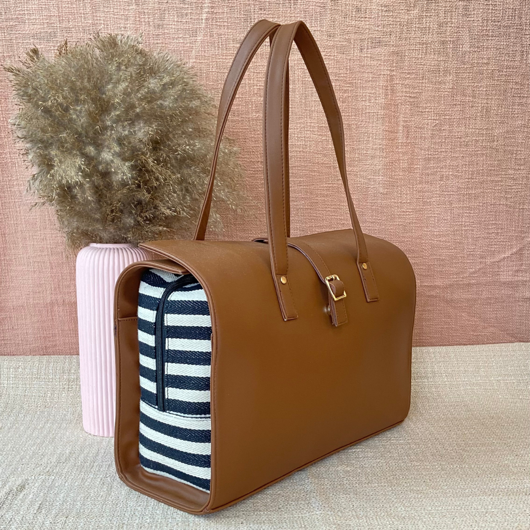 Brown with Black & White Stripes Leera 16inch Bag