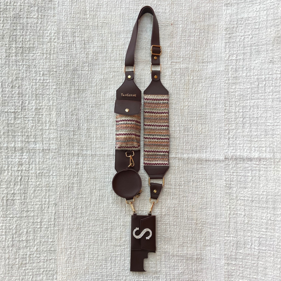 Brown Dual Compartment + Brown Tribal Cloth on Pocket Pochette Belt with Phone Case