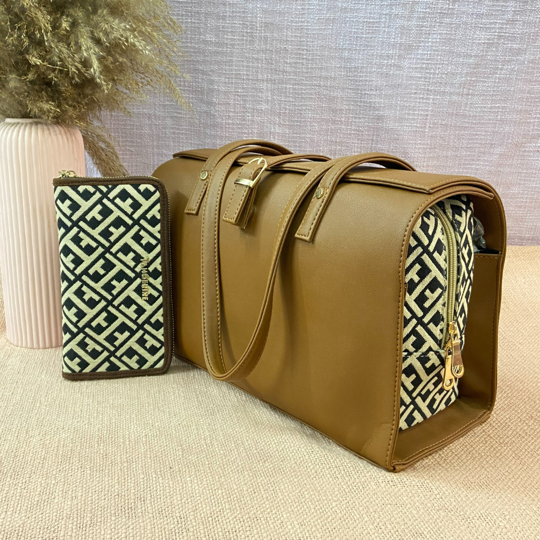 Brown with T-Shape Leera 14inch Bag + Big Wallet Combo