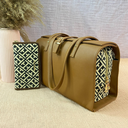 Brown with T-Shape Leera 14inch Bag + Big Wallet Combo