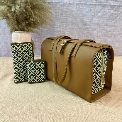 Brown with T-Shape Leera 14inch Bag + Mini + Big Wallet Combo