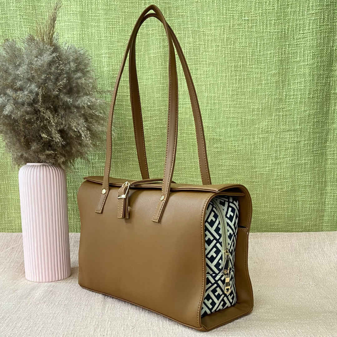 Brown with T-Shape Leera 14inch Bag + Mini + Big Wallet Combo