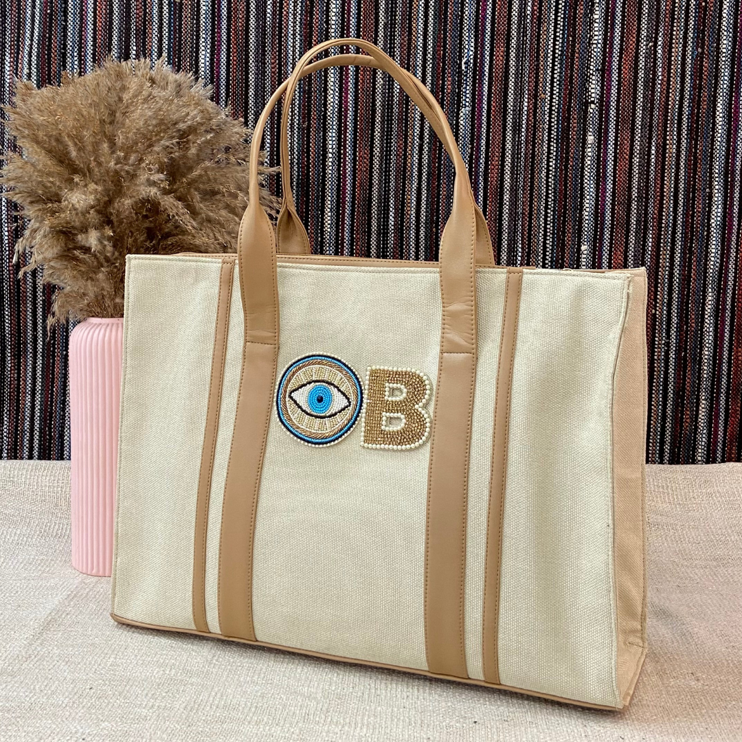 Cream Monogram Book Tote Evil Eye with Handwork Initials