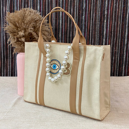 Cream Monogram Book Tote Evil Eye with Handwork Initials