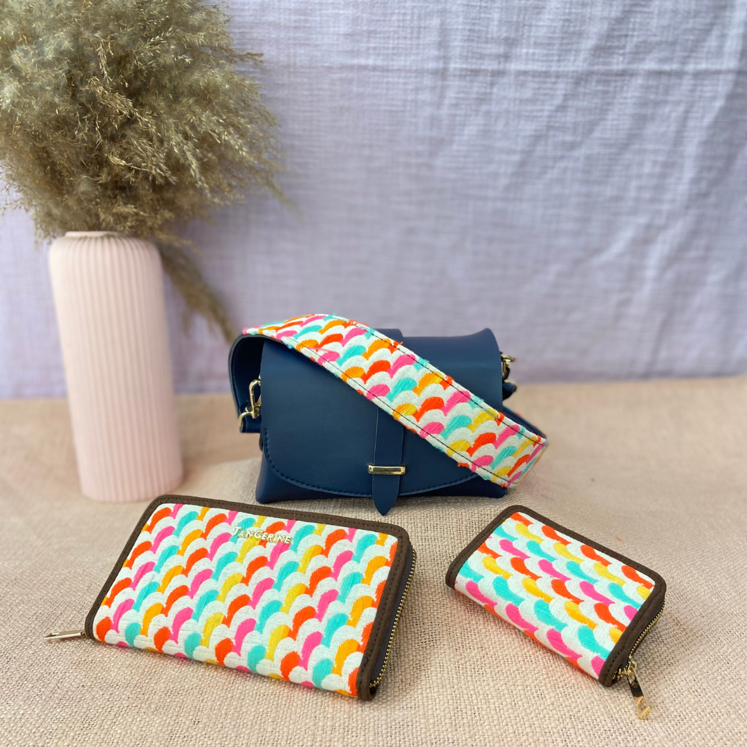 Dark Blue Eva Bag with Colorful Wave Belt + Big &amp; Small Wallet Combo