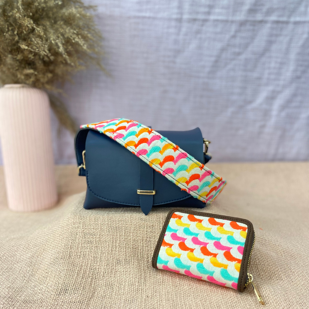 Dark Blue Eva Bag with Colorful Wave Belt + Big & Small Wallet Combo