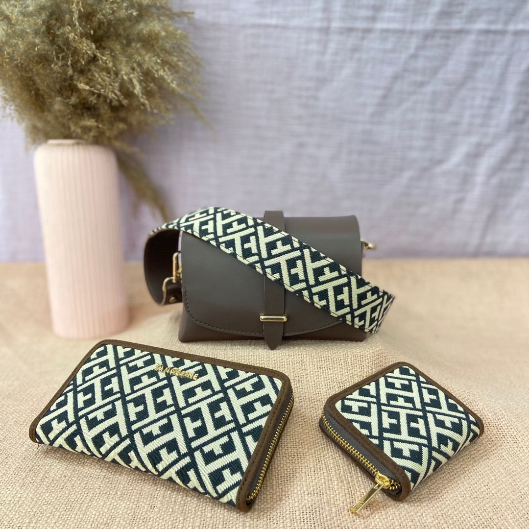 Dark Brown Eva Bag with T-Shape Design Belt + Big & Small Wallet Combo