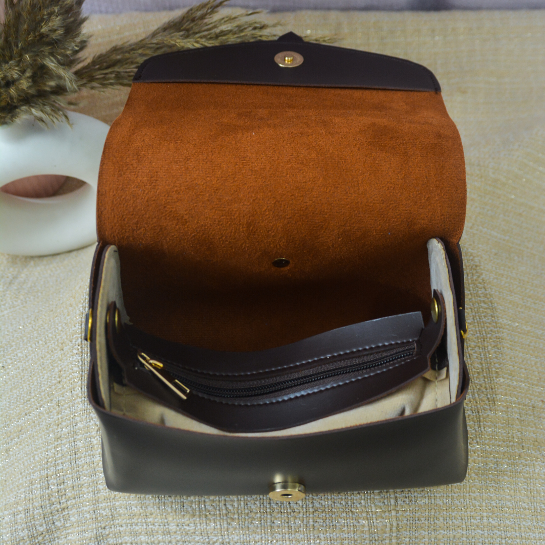 Dark Brown Eva Bag with Black &amp; White Stripes Belt.
