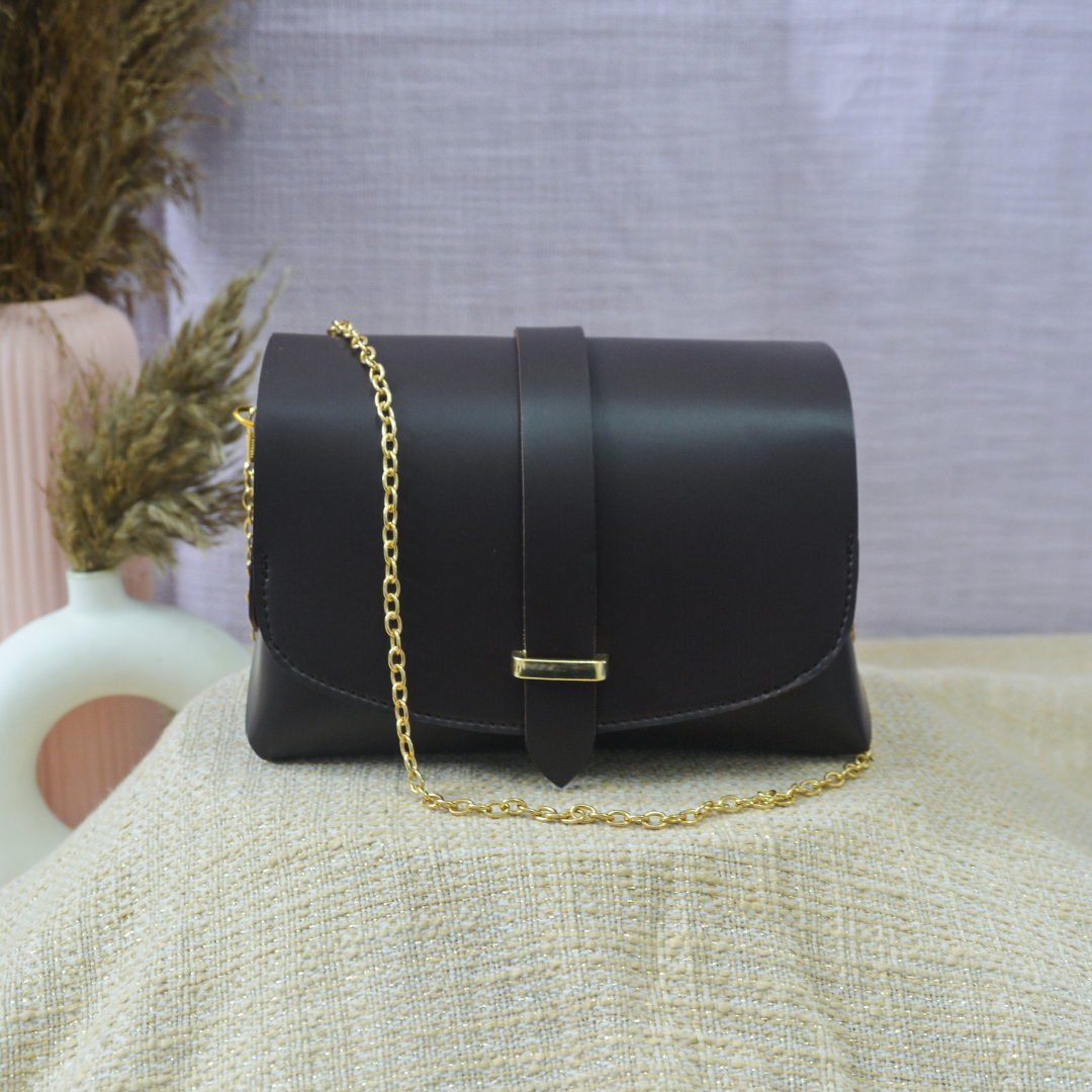 Dark Brown Eva Bag with Black & White Stripes Belt.