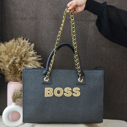 Dark Grey Chain Tote Handwork Full Name (1 Line Initials)